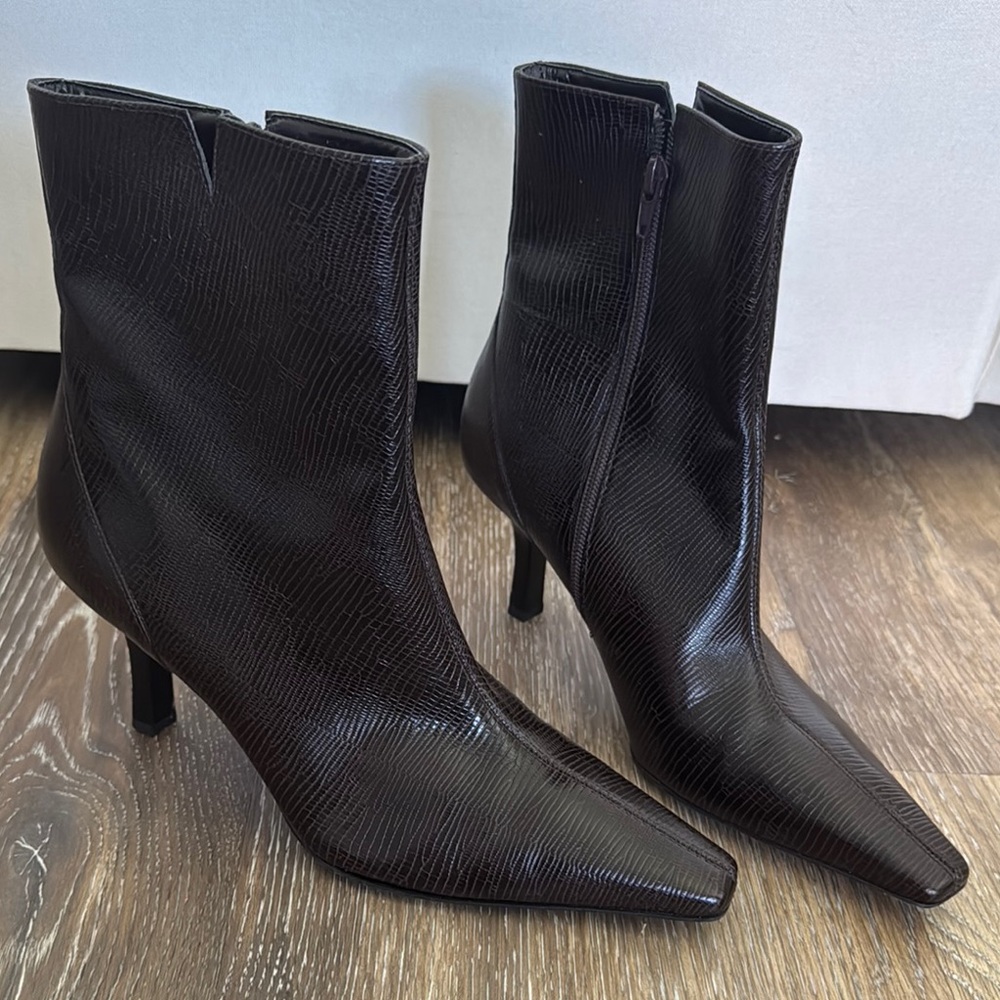Gianni Bini Brown Leather Heeled Boots with Sleek Stiletto